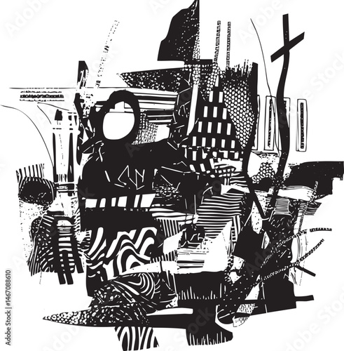 A fragmented monochrome composition featuring geometric shapes and architectural elements.