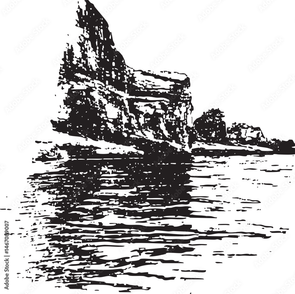 Obraz premium A rugged rock formation reflects in a calm body of water.