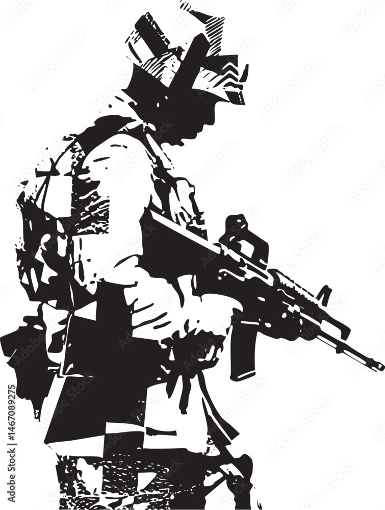 A silhouetted soldier stands with an assault rifle. A silhouetted soldier stands with an assault rifle.