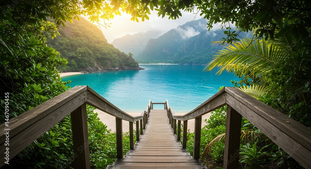 Obraz premium Wooden Stairway Leads to Tropical Beach