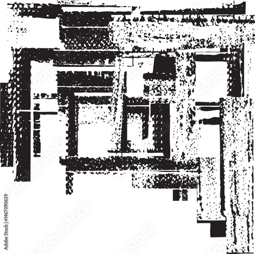 A fragmented abstract black and white geometric dominates the .