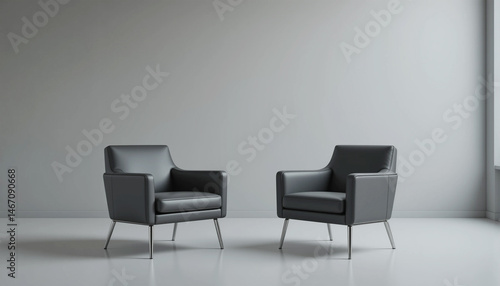 Two modern armchairs stand alone in a sleek, minimalist studio setting, surrounded by neutral background, ideal for adding text or graphics, evoking a professional meeting atmosphere
