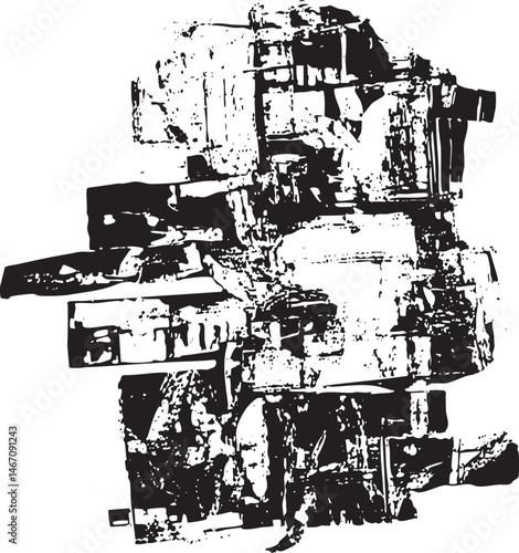 A fragmented monochrome silhouette of a building rises against a stark background.