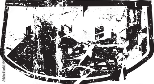 A weathered car windshield displays a textured fragmented view of a mountain range.