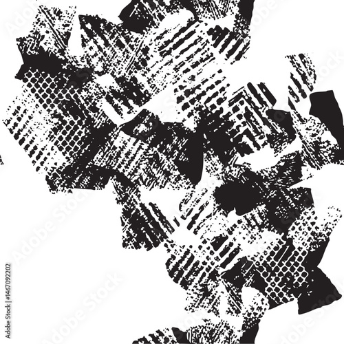 Fragmented black and white shapes create a textured abstract composition.