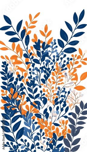 A vibrant arrangement of stylized leaves and berries in shades of blue and orange