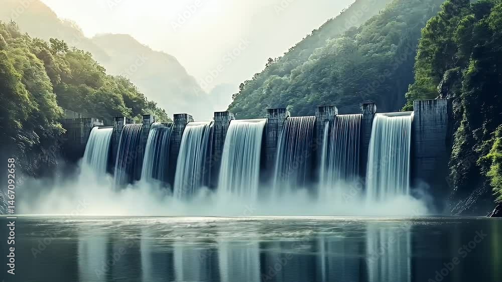 Serene Waterfall Cascading Down Mountainside into a Calm River