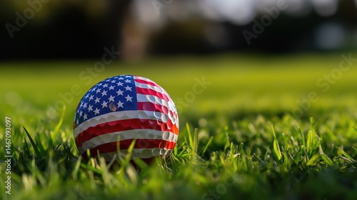 Patriotic american flag golf ball sitting on bright green golf course grass