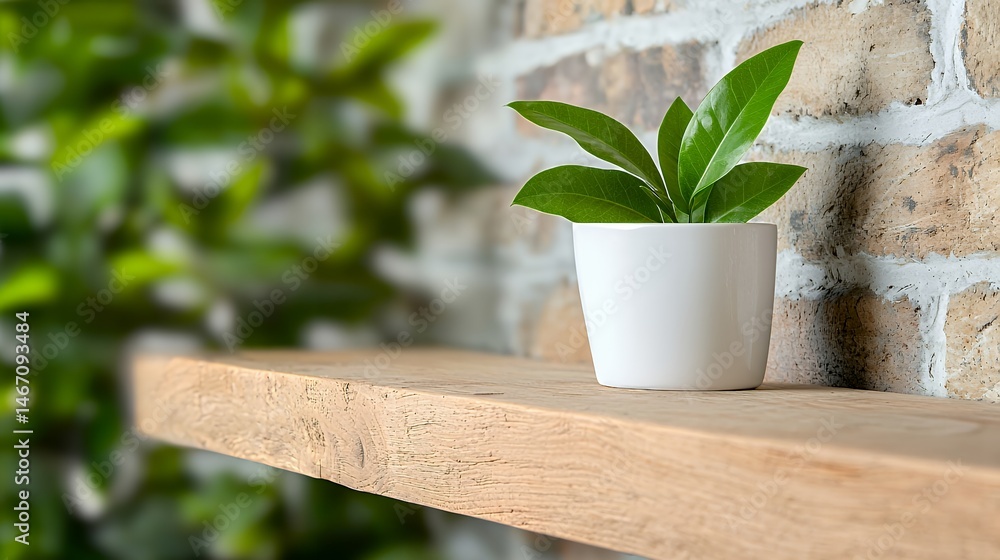 Obraz premium Potted Plant on Wooden Shelf with Brick Wall Backdrop
