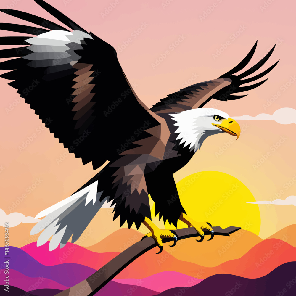 Obraz premium Bald-Eagle-Sunset-Graphic-American-Bird-of-Prey-Illustration