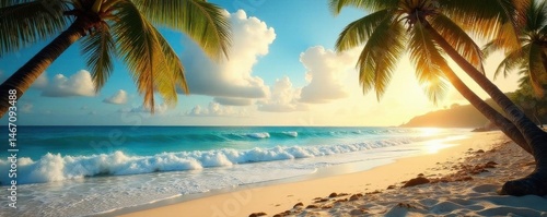 Sun-drenched palm trees framing ocean waves at Oceanside beach , vacation, holiday