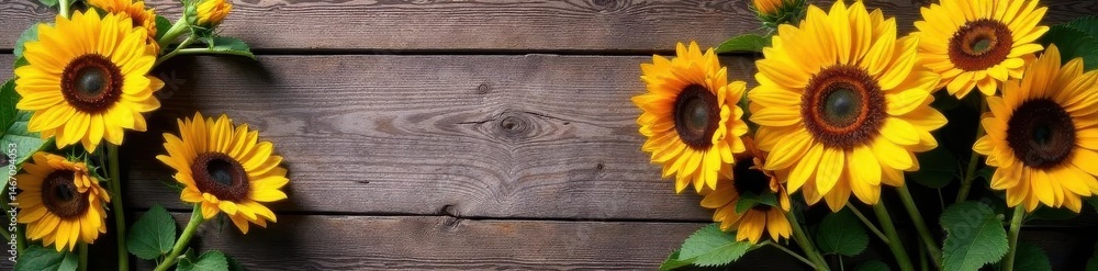 Obraz premium Sunflowers arranged on rustic wood, vibrant blooms , texture, rural