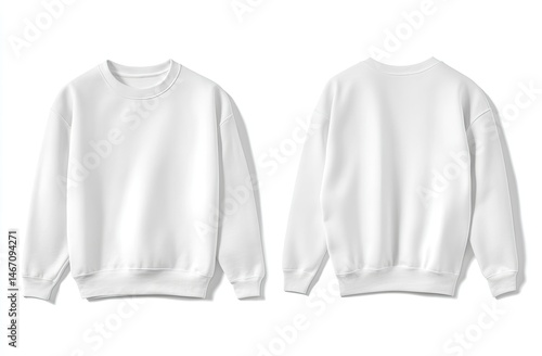 Blank white crewneck sweatshirt, front and back views, isolated on white background.  Detailed mock-up showcasing the garment's design elements