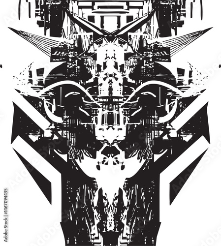 A stark geometric face emerges from a textured black and white background.
