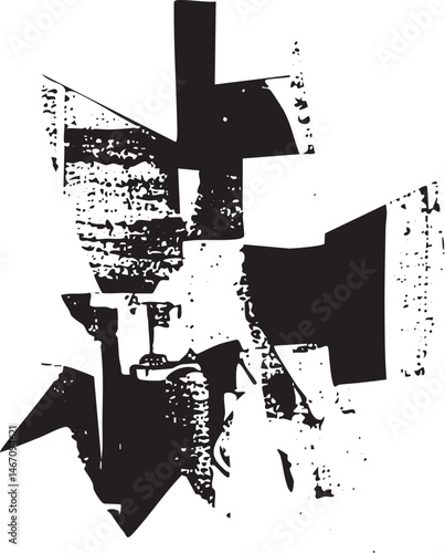 Abstract geometric shapes collide in a dynamic black and white composition.