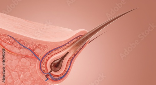 Microscopic Hair Follicle Anatomy: Detailed 3D Illustration of Human Hair Growth Structure