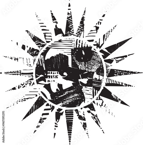 A stylized fragmented head emerges from a burst of radiating lines.