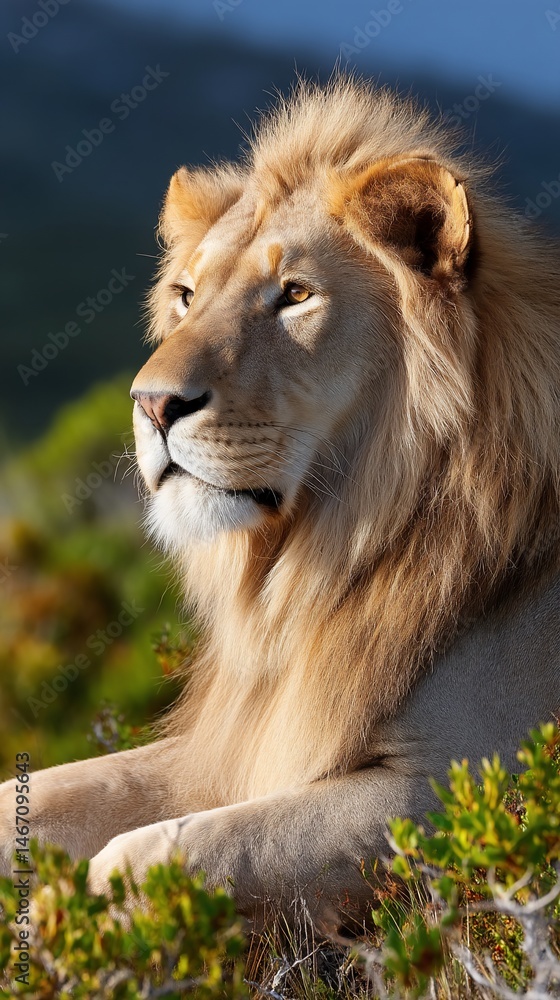 Fototapeta premium Majestic lion resting in sunlit landscape