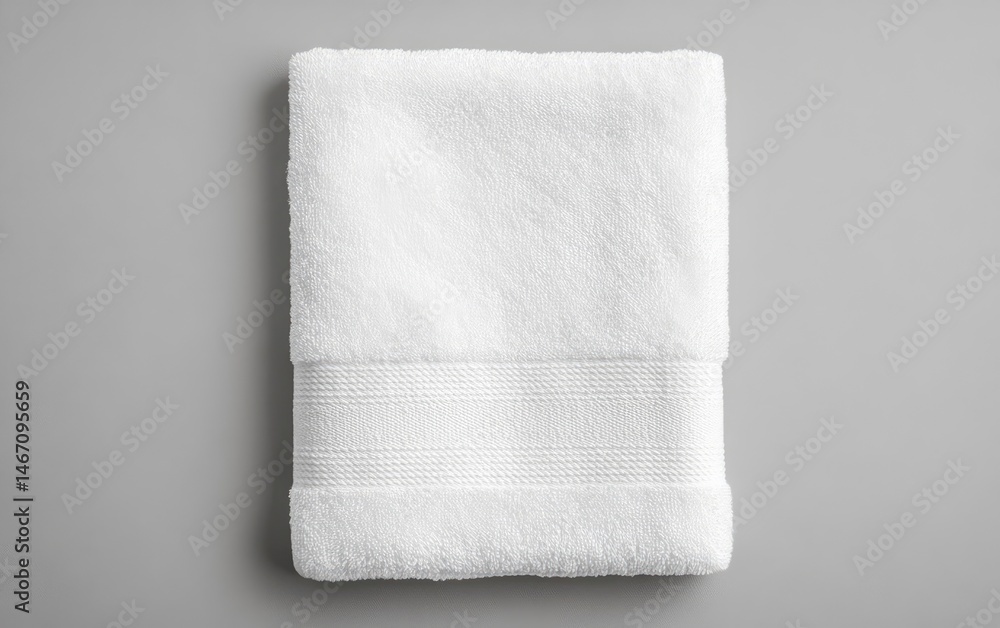 Folded white bath towel, smooth texture, simple design, against gray background. Folded neatly, showing a subtle, bordered edge Folded white bath towel, smooth texture, simple design, against gray background. Folded neatly, showing a subtle, bordered edge