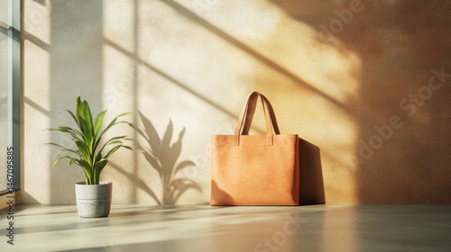 Stylish Tan Leather Tote Bag Near Plant in Sunlit Room