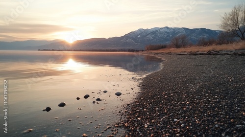 Wallpaper Mural Serene Sunset Over Calm Lake Beach Mountain View at Dawn Torontodigital.ca