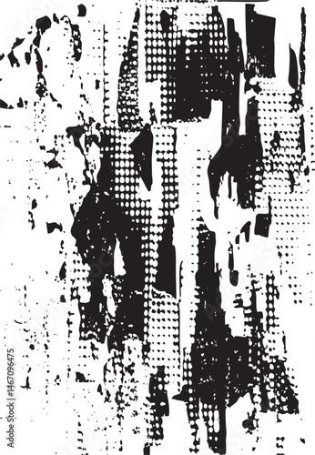 Distressed black and white texture reveals fragmented shapes.