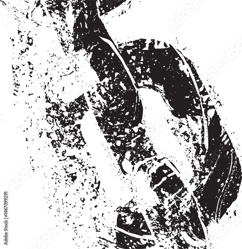 A distressed textured footprint appears against a stark white background.