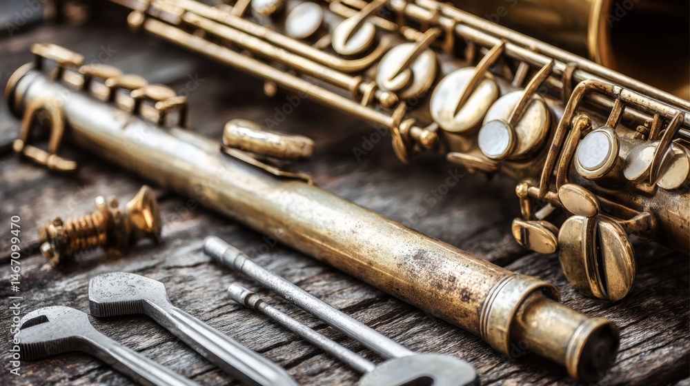 Naklejka premium Aged Gold Saxophone and Flute Repair on Dark Wood Table