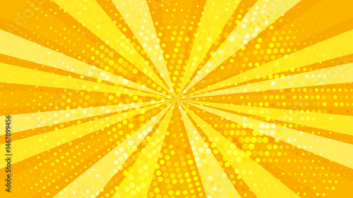 Retro orange sun rays on yellow halftone bg