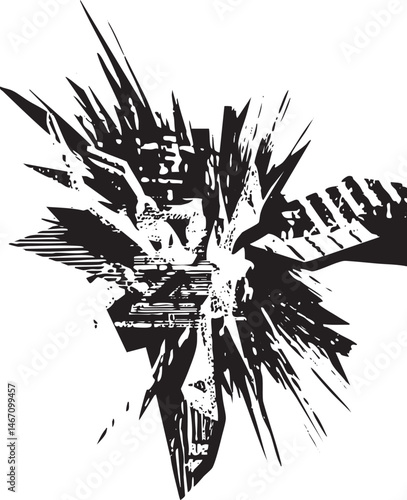 A stylized fragmented bird bursts upwards from a dark base.