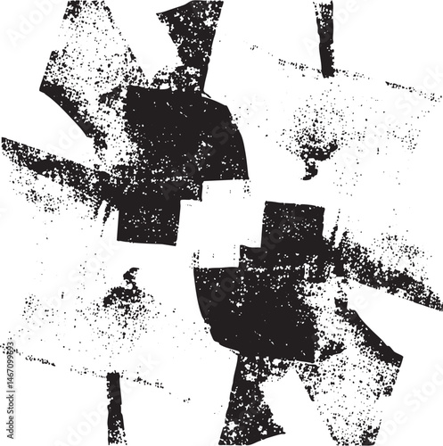 Fragmented geometric shapes appear in a distressed black and white composition.