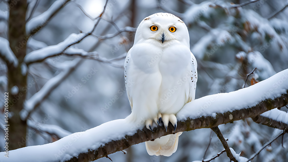 Fototapeta premium Frosty Vigil: A Snowy Owl Perched on a Snow-Covered Branch in Winter