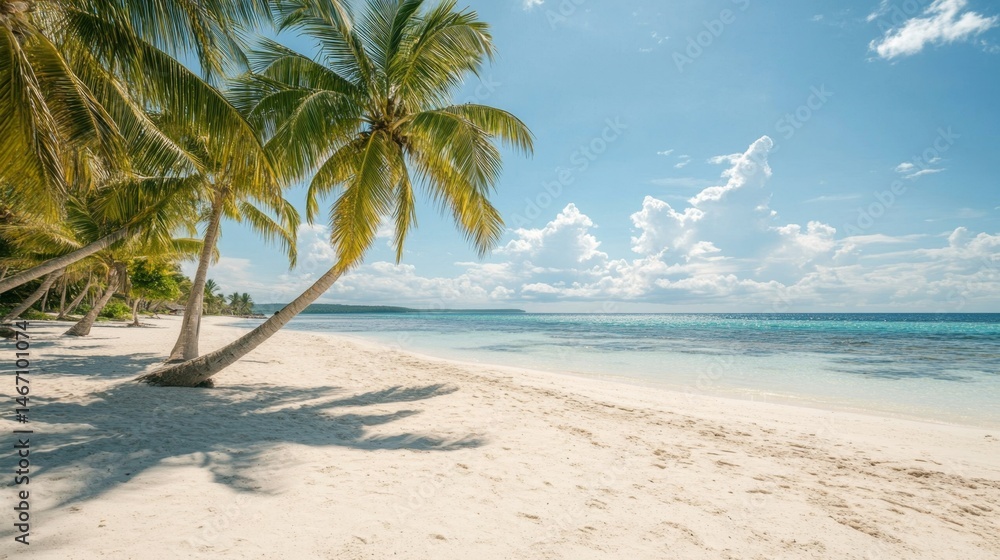 Obraz premium Idyllic Tropical Beach Scene with Palm Trees Swaying Gently in the Breeze