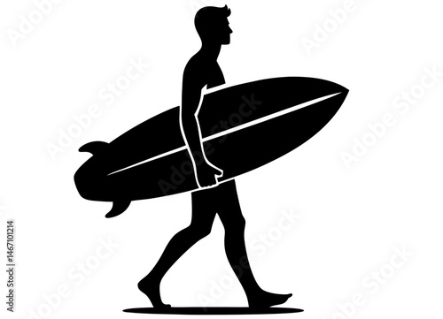 Silhouette of man carrying surfboard on shoulder walking to right in profile view. Clipart image isolated on background.
