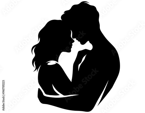 Romantic couple silhouette embracing and kissing. Clipart image isolated on background.