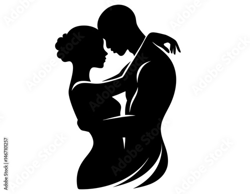 Romantic couple silhouette embracing in tender pose. Clipart image isolated on background.