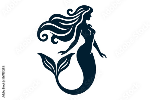 Elegant vintage mermaid silhouette with flowing hair and tail. Clipart image isolated on background.