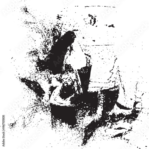 A fragmented textured black silhouette emerges against a stark white background.