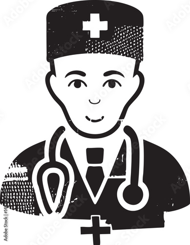 A solemn clergyman wears a stethoscope and religious symbol.