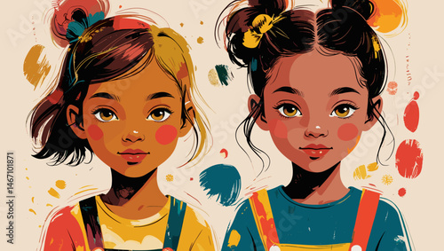 Joyful portrait of two girls with playful expressions and colorful splashes, digital art concept