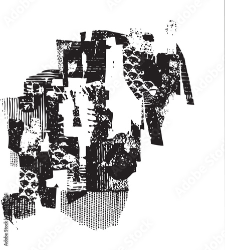 Abstract geometric shapes overlap and interact in a textured monochrome composition.