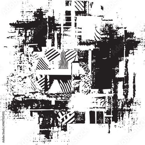 Abstract geometric shapes overlap and blend in a monochrome composition.