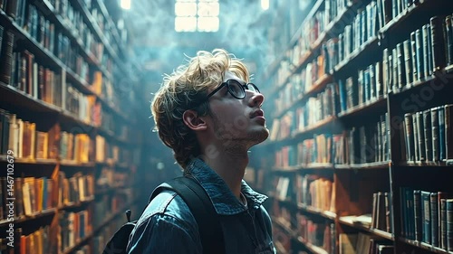 Wallpaper Mural Young man in a library, lost in thought among towering bookshelves Torontodigital.ca