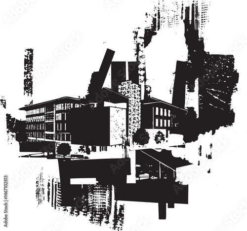 A stark black and white rendering showcases a multi-story building with a prominent chimney against a textured blurred background.