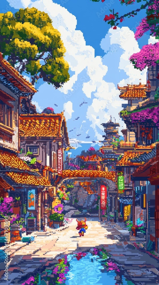 Naklejka premium Pixelated town street scene, colorful buildings, sunny day.