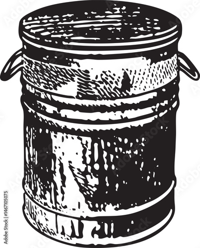 A weathered cylindrical metal bucket stands upright with handles.