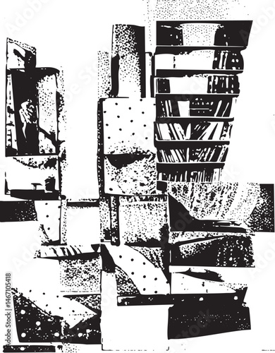 A monochrome depicts a layered geometric structure with a figure within.