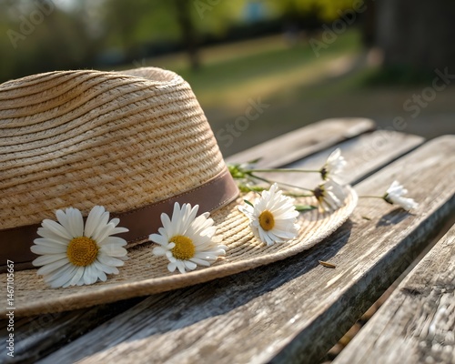 Straw hat with daisies on wooden bench summer fashion accessory outdoor