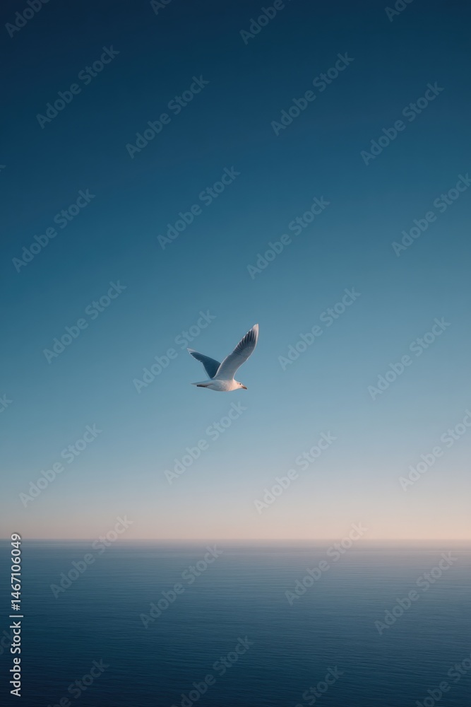 Fototapeta premium solitary seagull glides effortlessly over serene vast ocean under expansive sky providing perfect minimalistic scene
