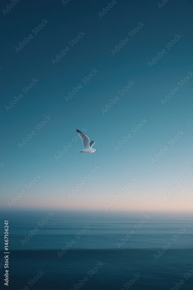 Fototapeta premium solitary seagull glides effortlessly over serene vast ocean under expansive sky providing perfect minimalistic scene